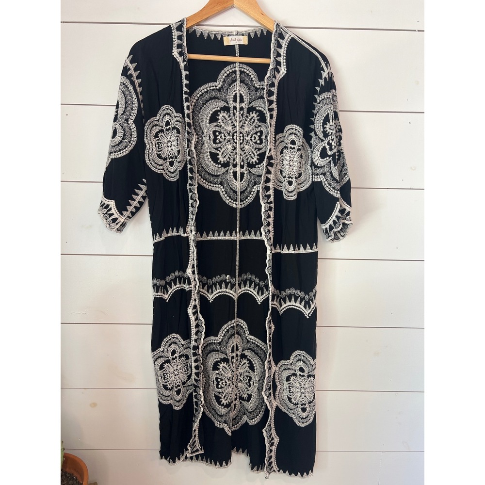 Altar'd State Black White Embroidered Boho Duster Kimono Longline Cardigan Small